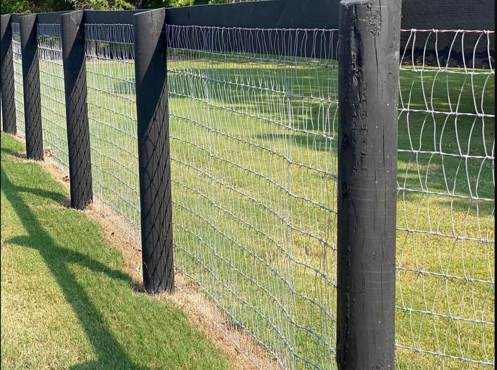 Black post and no-climb wire farm fence enclosing a field